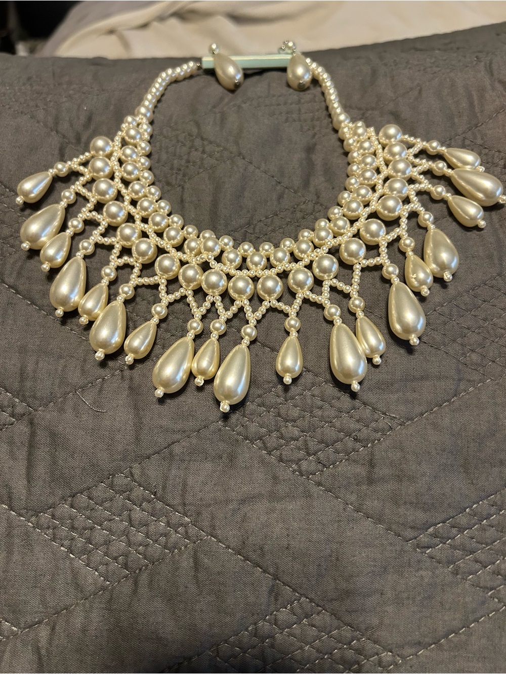 Elegant Pearl Bib Necklace - Ivory Faux Pearls - Picture 2 of 3